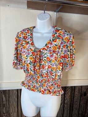 Society White Floral Smocked Tie-Front Crop Top with Red & Yellow Blooms